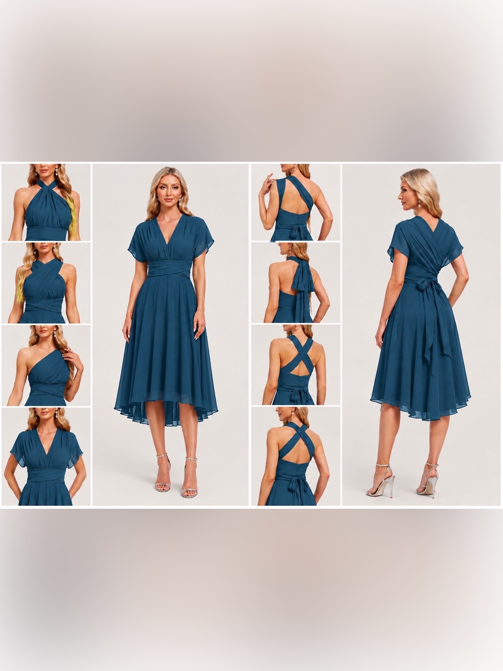 NWT Convertible Infinity Chiffon Midi Dress Ink Blue High Low Size 8 Wedding